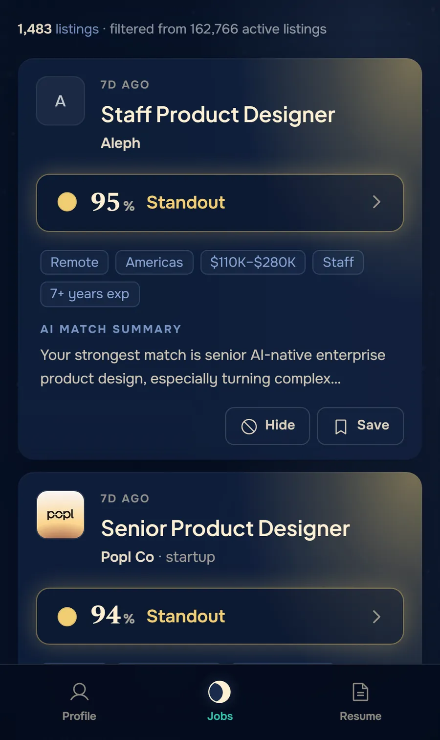 The Match Moth job feed on a phone: 1,483 matched listings, led by a Staff Product Designer role scored 95% Standout with an AI match summary, then a Senior Product Designer role at 94%.